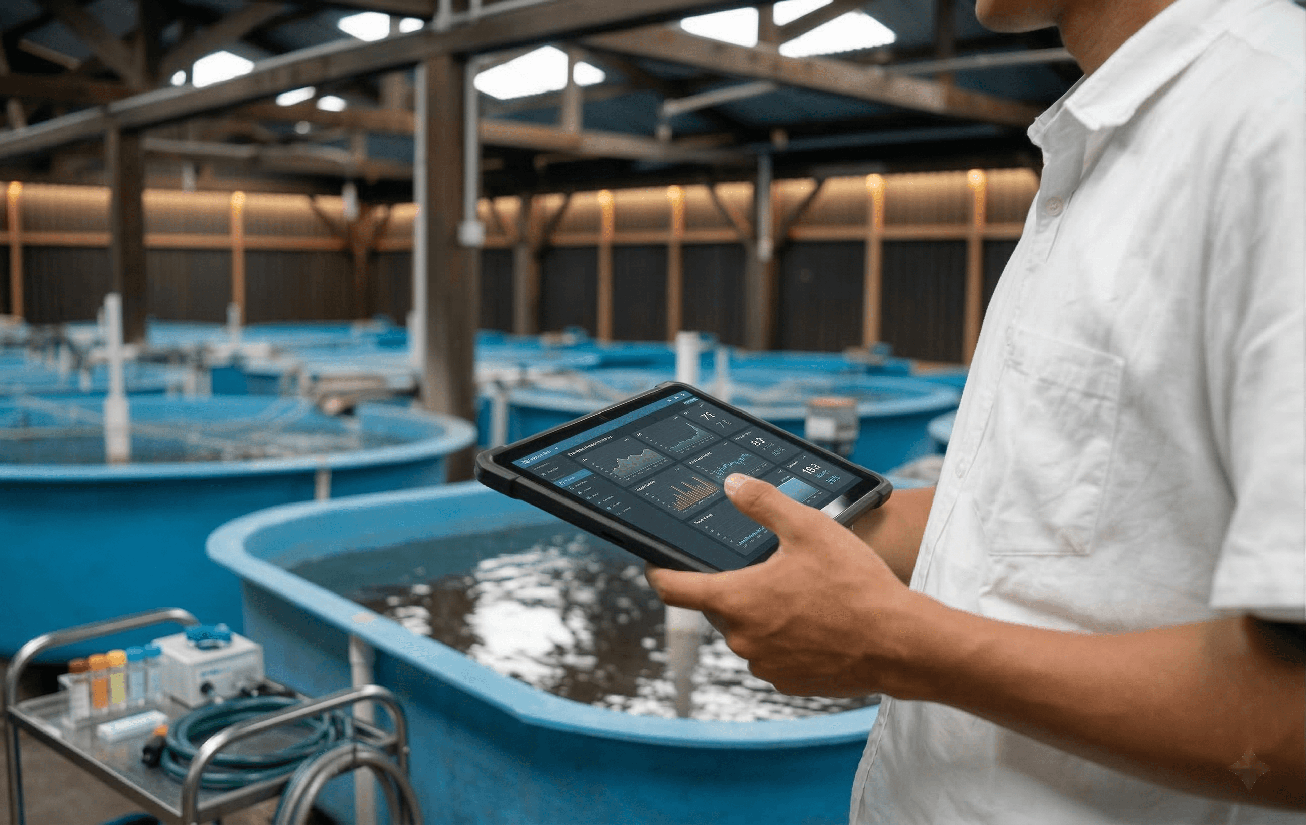 Technical aquaculture tank infrastructure inside a commercial farm